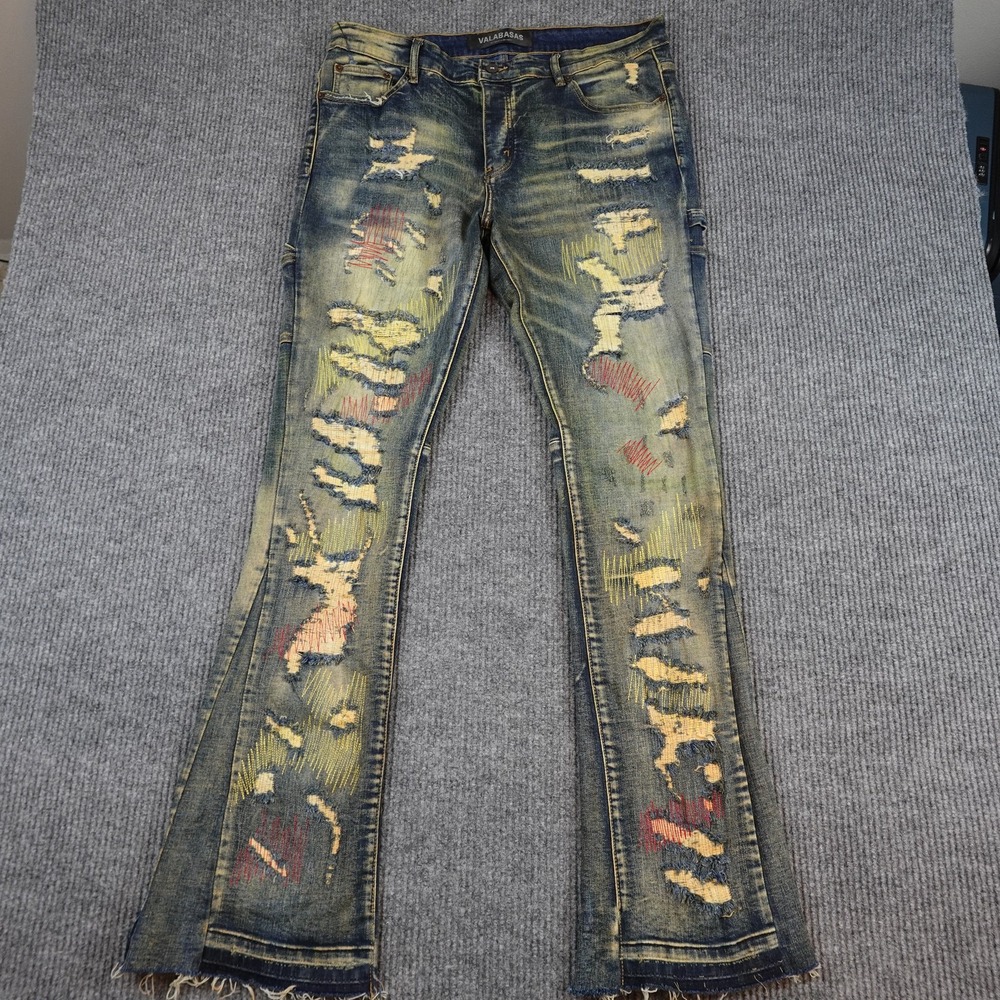 Valabasas Jeans Mens 42x34 Blue Distressed Bootcut Slim Fit Embroidered Denim